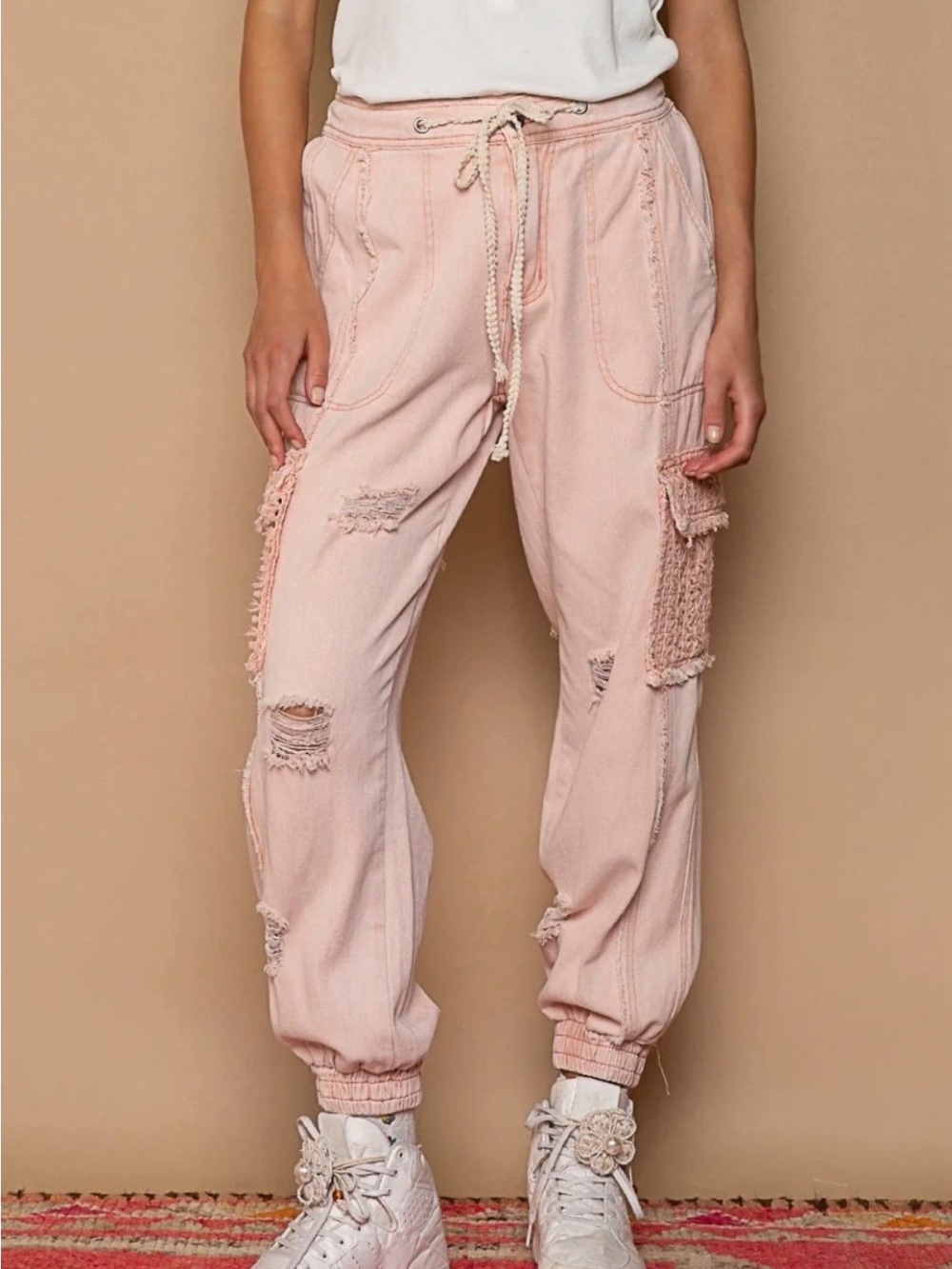 POL Distressed Cargo Denim Jogger with Crochet Pockets Medium Pink